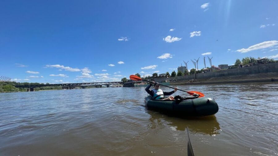 Packrafting kayaking guided tour Vistula river Warsaw Poland - The sights you’ll see from the Vistula (bridges, boulevards, Stadion Narodowy)